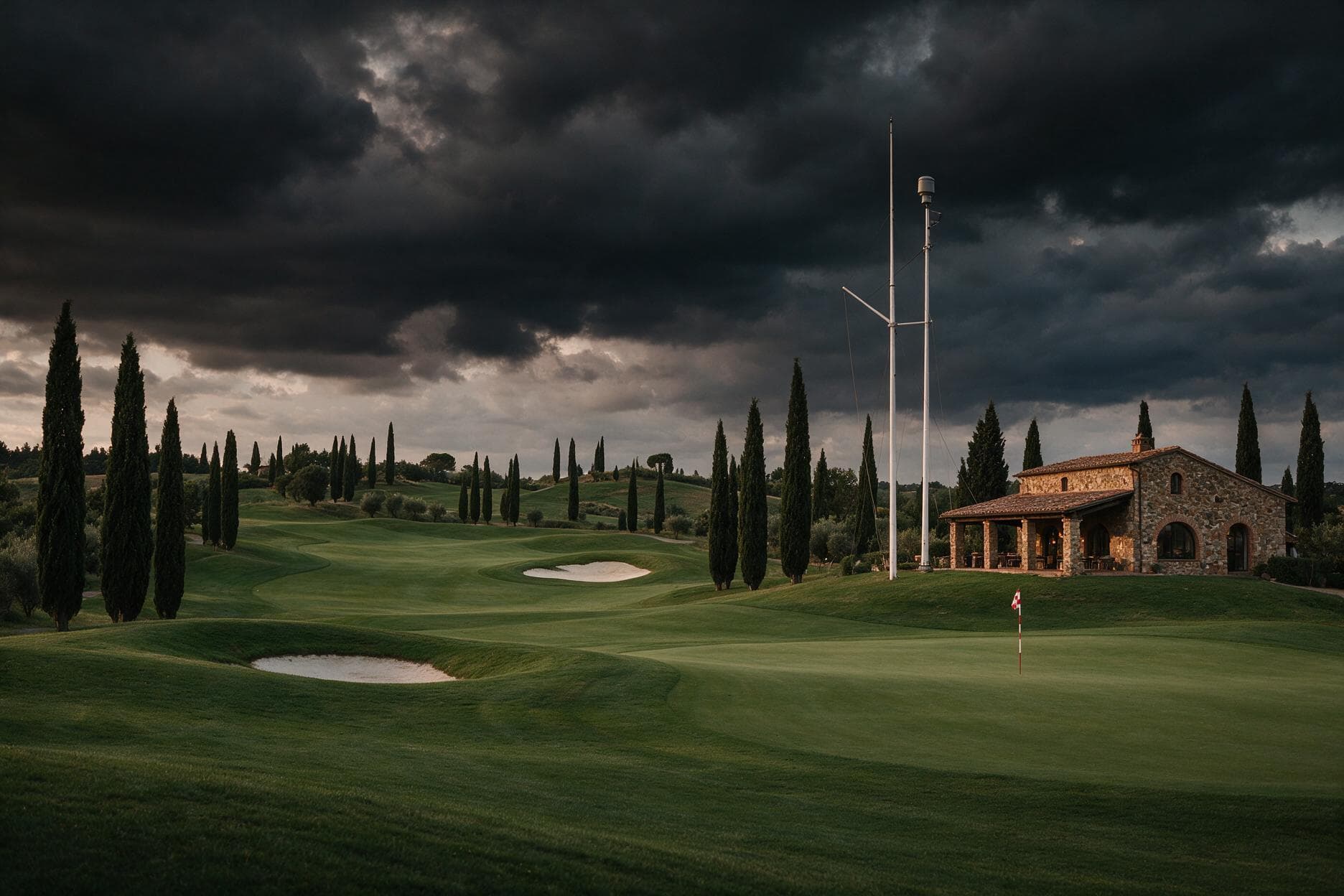 Golfové hřiště za soumraku se stahujícími se bouřkovými mraky